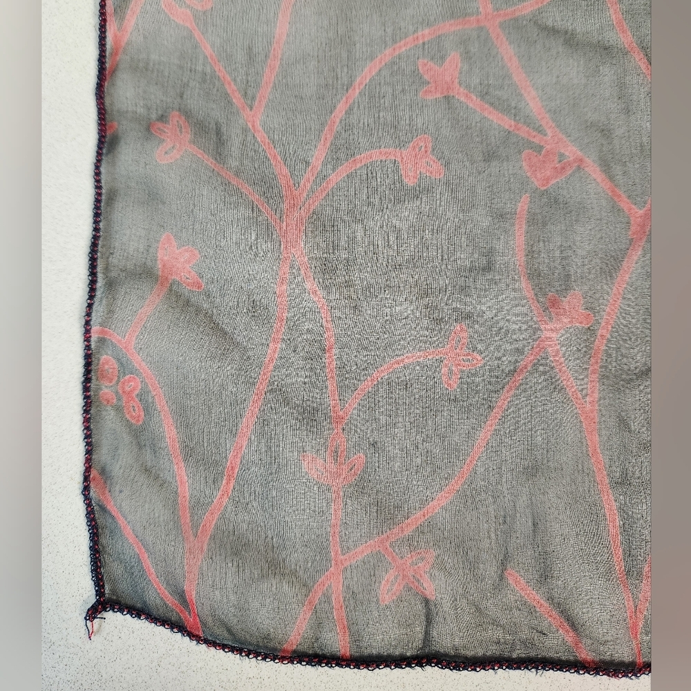 Navy Chiffon Silk Scarf with Red Vine Print - Picture 3 of 8